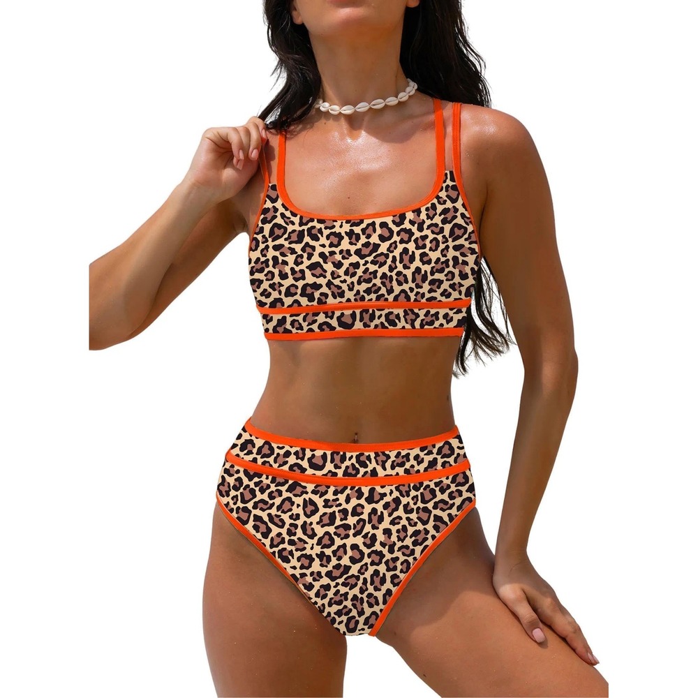 NWT Popvil Womens High Waisted Bikini Set Neon Leopard 2 Piece Swimsuit XS